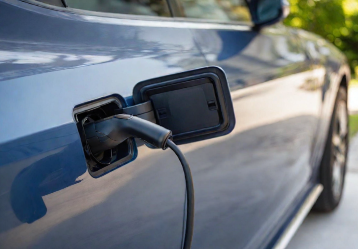 A close-up view of an electric vehicle's charging port with a charging cable connected, emphasizing the importance of reliable EV charging installations.